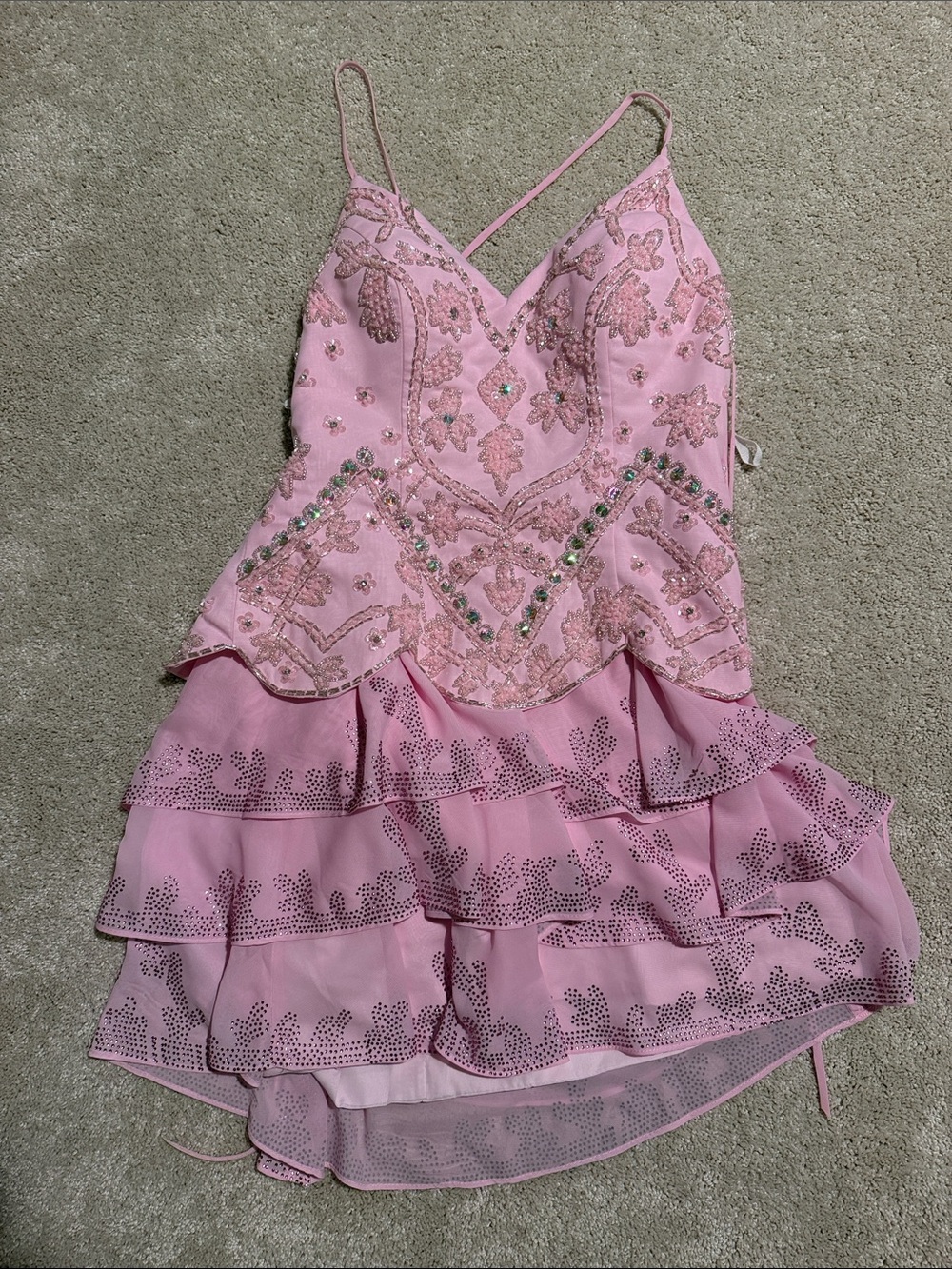 Embellished Pink Tiered Mini Dress